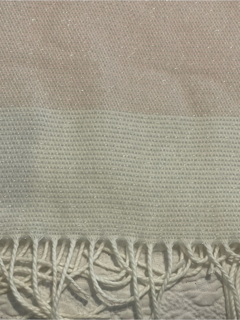 Light Pink Blue and Ivory Woven Fringe Scarf 64x11 Sparkle throughout. Italy